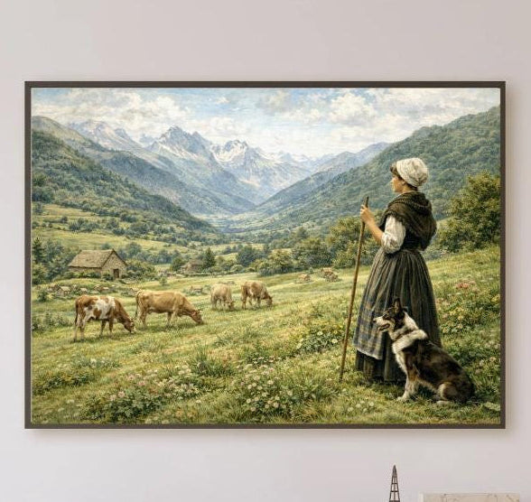 Affiche Imprimée Paysage Montagne Vintage – Bergère & Vaches – Édition Premium HD – Art Champêtre Authentique – Conçue et Imprimée en France