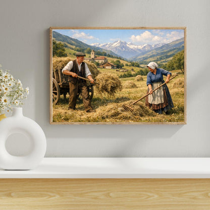 Affiche Imprimée Paysage Champêtre Vintage – Édition Premium HD – Scène Paysanne Montagne – Conçue & Imprimée en France – Déco Murale Chalet