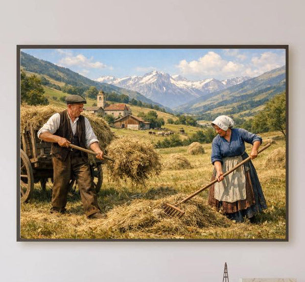 Affiche Imprimée Paysage Champêtre Vintage – Édition Premium HD – Scène Paysanne Montagne – Conçue & Imprimée en France – Déco Murale Chalet