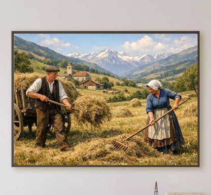 Affiche Imprimée Paysage Champêtre Vintage – Édition Premium HD – Scène Paysanne Montagne – Conçue & Imprimée en France – Déco Murale Chalet