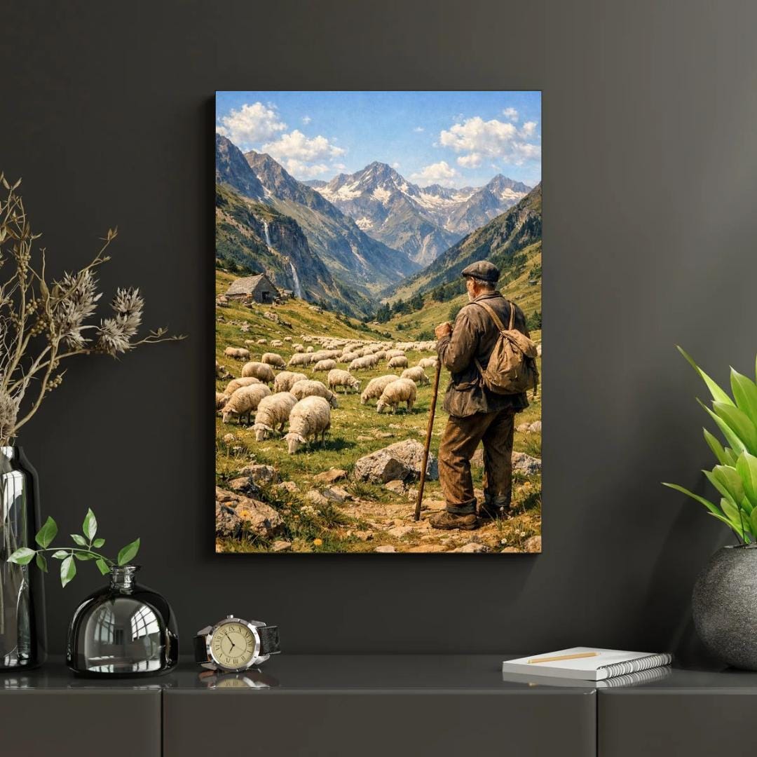 Affiche Imprimée Paysage Montagne Alpine Vintage – Berger & Troupeau – Édition Premium – Art Rural Authentique, Conçue et Imprimée en France