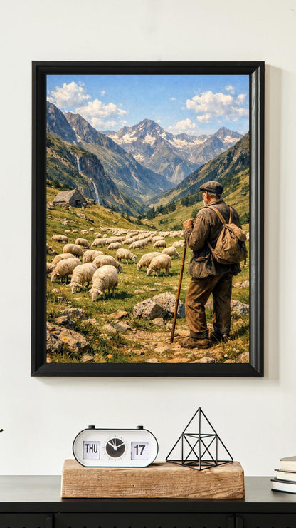 Affiche Imprimée Paysage Montagne Alpine Vintage – Berger & Troupeau – Édition Premium – Art Rural Authentique, Conçue et Imprimée en France