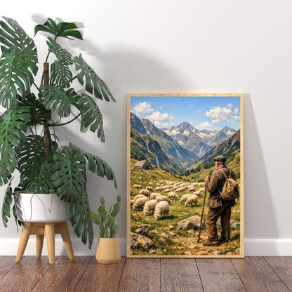 Affiche Imprimée Paysage Montagne Alpine Vintage – Berger & Troupeau – Édition Premium – Art Rural Authentique, Conçue et Imprimée en France