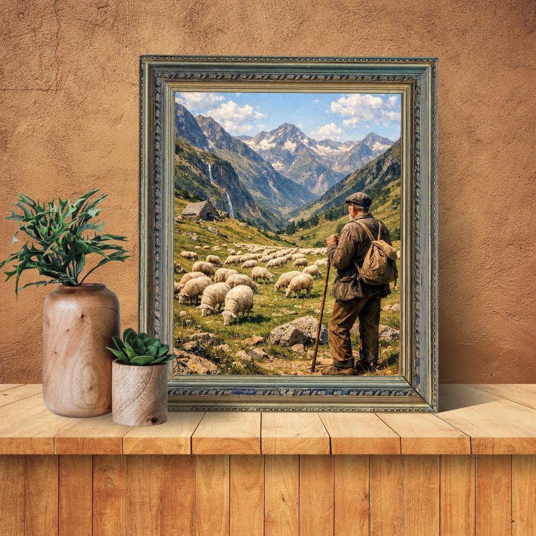 Affiche Imprimée Paysage Montagne Alpine Vintage – Berger & Troupeau – Édition Premium – Art Rural Authentique, Conçue et Imprimée en France