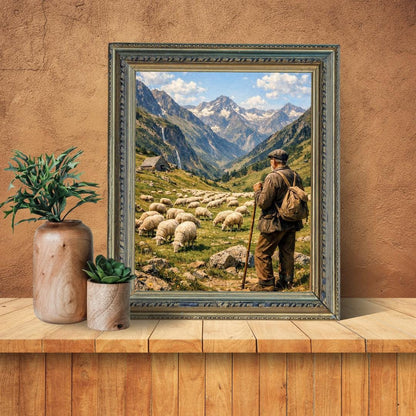 Affiche Imprimée Paysage Montagne Alpine Vintage – Berger & Troupeau – Édition Premium – Art Rural Authentique, Conçue et Imprimée en France