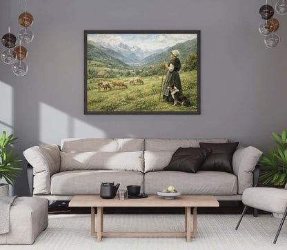 Affiche Imprimée Paysage Montagne Vintage – Bergère & Vaches – Édition Premium HD – Art Champêtre Authentique – Conçue et Imprimée en France
