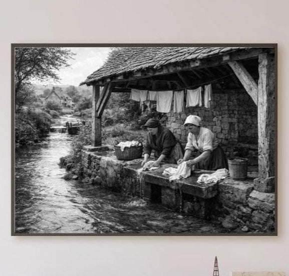 Peut inclure: Tirage encadré en noir et blanc représentant deux femmes lavant du linge dans un ruisseau. La scène se déroule dans un environnement rural rustique avec une structure en pierre et du linge suspendu. L'image évoque l'histoire et la vie traditionnelle.