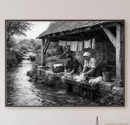 Peut inclure: Tirage encadré en noir et blanc représentant deux femmes lavant du linge dans un ruisseau. La scène se déroule dans un environnement rural rustique avec une structure en pierre et du linge suspendu. L'image évoque l'histoire et la vie traditionnelle.