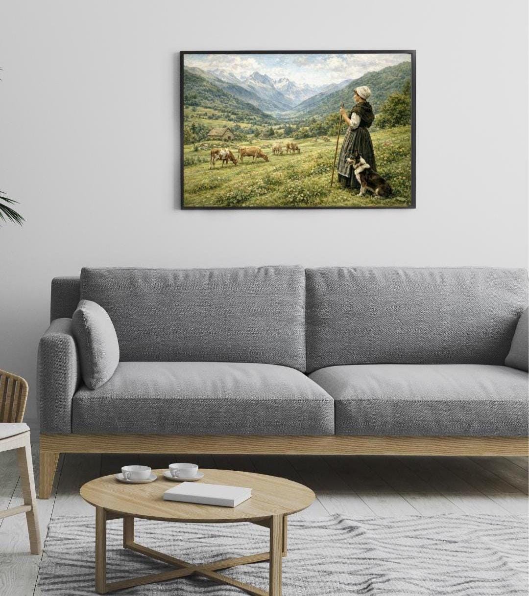 Affiche Imprimée Paysage Montagne Vintage – Bergère & Vaches – Édition Premium HD – Art Champêtre Authentique – Conçue et Imprimée en France