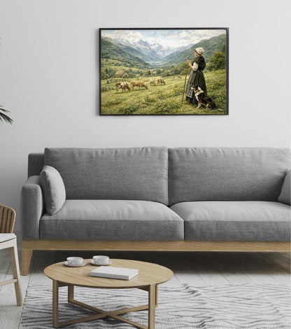 Affiche Imprimée Paysage Montagne Vintage – Bergère & Vaches – Édition Premium HD – Art Champêtre Authentique – Conçue et Imprimée en France