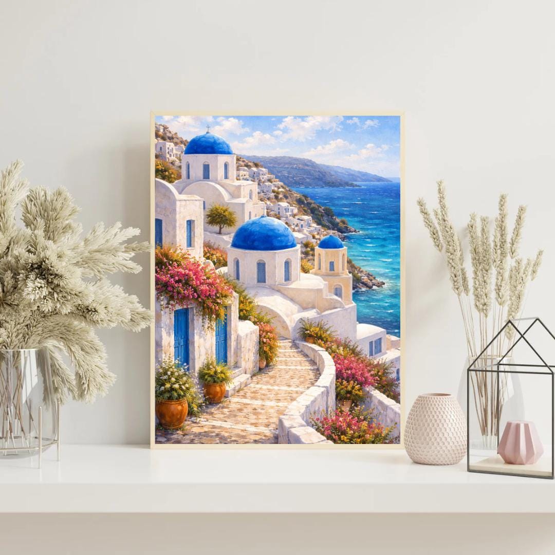 Affiche Imprimée Santorin Oia Grèce, Village Méditerranéen en Bord de Mer, Poster Voyage Côte Égéenne, Décoration Murale Maison Bohème