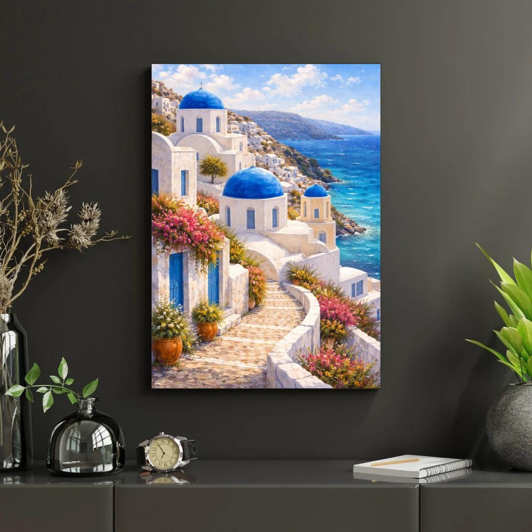 Affiche Imprimée Santorin Oia Grèce, Village Méditerranéen en Bord de Mer, Poster Voyage Côte Égéenne, Décoration Murale Maison Bohème