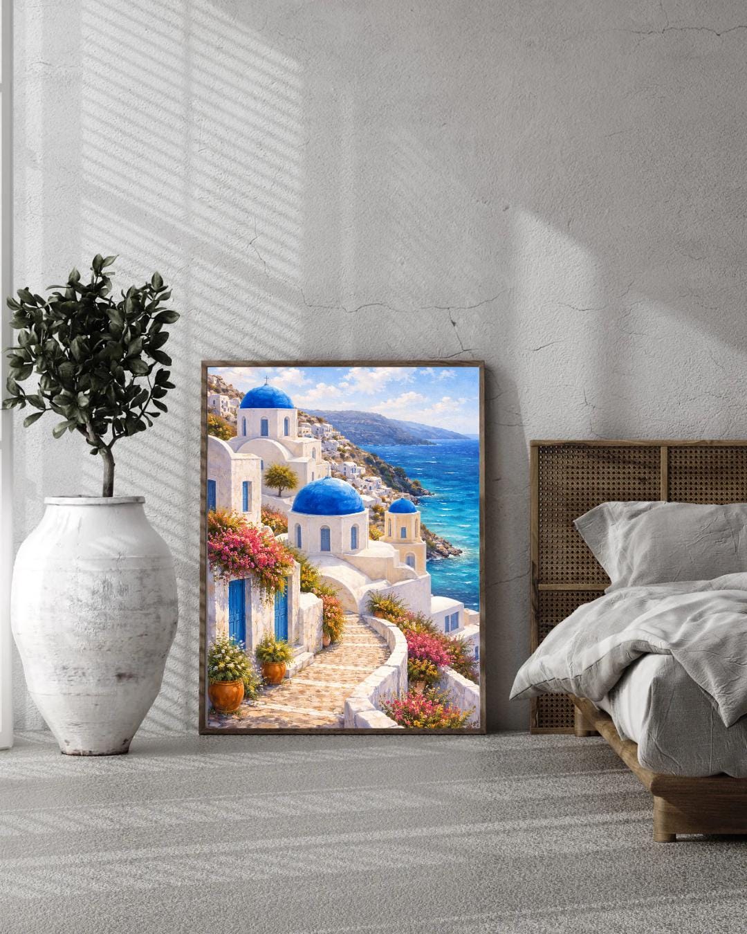Affiche Imprimée Santorin Oia Grèce, Village Méditerranéen en Bord de Mer, Poster Voyage Côte Égéenne, Décoration Murale Maison Bohème