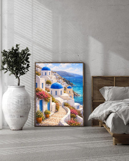 Affiche Imprimée Santorin Oia Grèce, Village Méditerranéen en Bord de Mer, Poster Voyage Côte Égéenne, Décoration Murale Maison Bohème