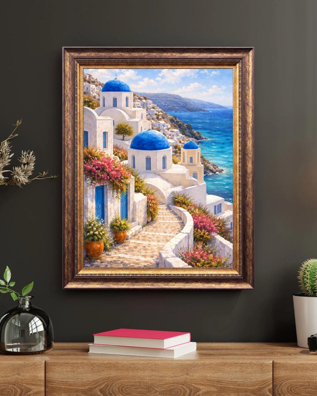 Affiche Imprimée Santorin Oia Grèce, Village Méditerranéen en Bord de Mer, Poster Voyage Côte Égéenne, Décoration Murale Maison Bohème