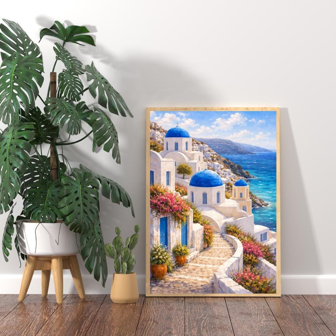 Affiche Imprimée Santorin Oia Grèce, Village Méditerranéen en Bord de Mer, Poster Voyage Côte Égéenne, Décoration Murale Maison Bohème