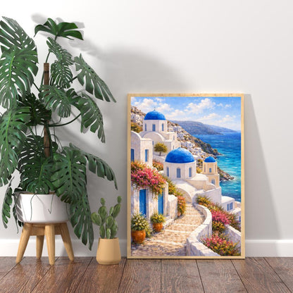 Affiche Imprimée Santorin Oia Grèce, Village Méditerranéen en Bord de Mer, Poster Voyage Côte Égéenne, Décoration Murale Maison Bohème