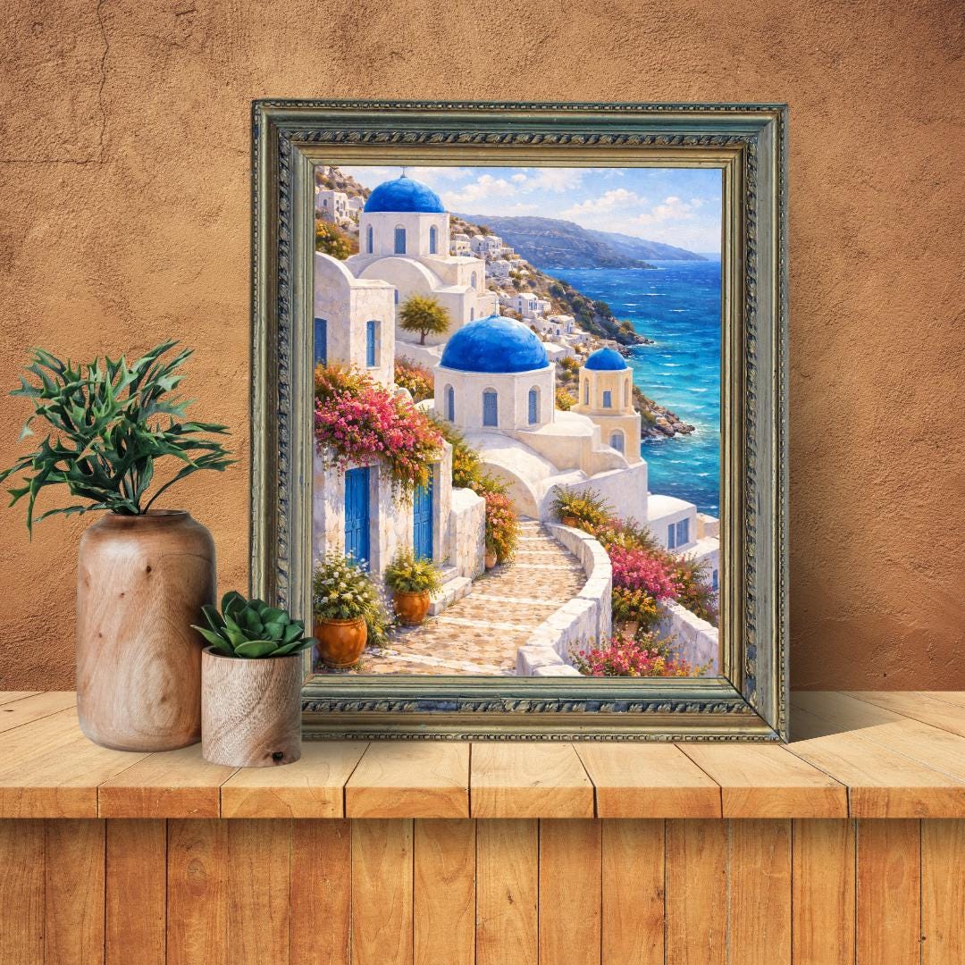 Affiche Imprimée Santorin Oia Grèce, Village Méditerranéen en Bord de Mer, Poster Voyage Côte Égéenne, Décoration Murale Maison Bohème
