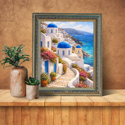 Affiche Imprimée Santorin Oia Grèce, Village Méditerranéen en Bord de Mer, Poster Voyage Côte Égéenne, Décoration Murale Maison Bohème
