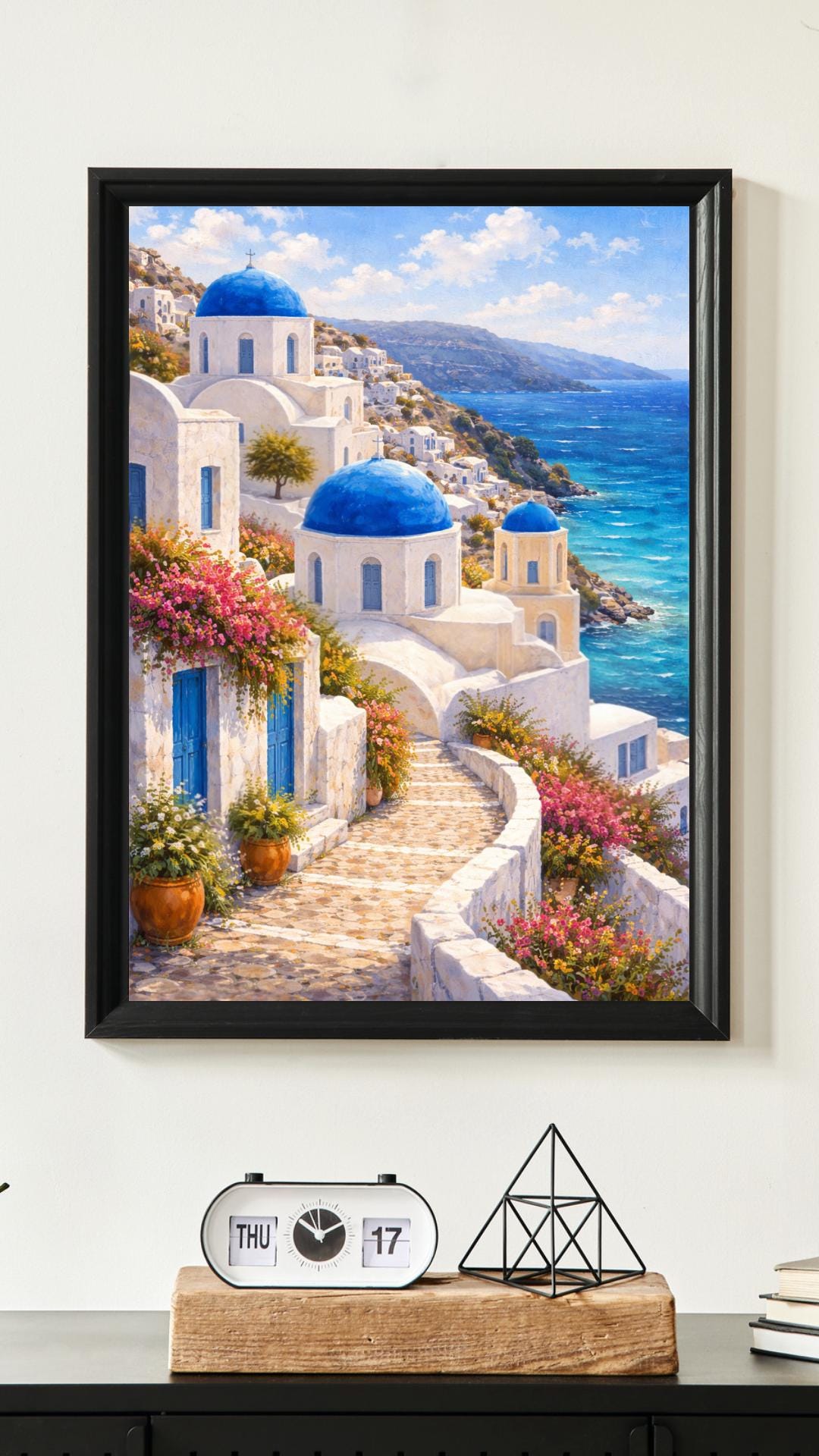 Affiche Imprimée Santorin Oia Grèce, Village Méditerranéen en Bord de Mer, Poster Voyage Côte Égéenne, Décoration Murale Maison Bohème