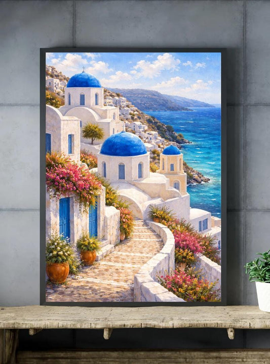 Affiche Imprimée Santorin Oia Grèce, Village Méditerranéen en Bord de Mer, Poster Voyage Côte Égéenne, Décoration Murale Maison Bohème