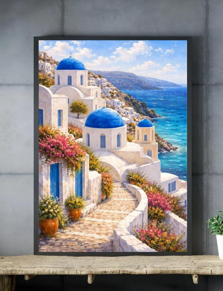 Affiche Imprimée Santorin Oia Grèce, Village Méditerranéen en Bord de Mer, Poster Voyage Côte Égéenne, Décoration Murale Maison Bohème