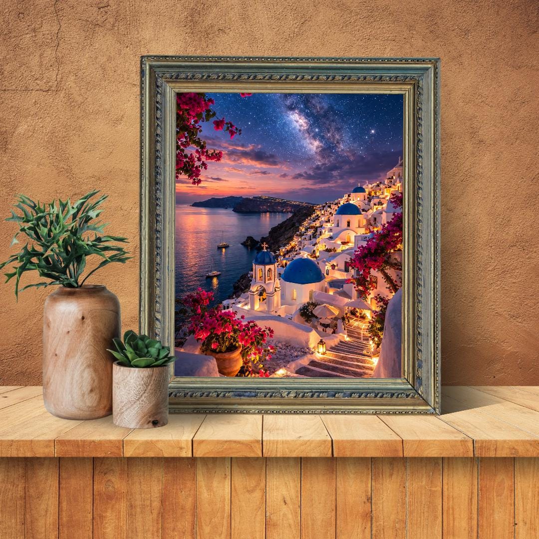Affiche Imprimée Santorin Oia Grèce, Village Méditerranéen en Bord de Mer, Poster Voyage Côte Égéenne, Décoration Murale Maison Bohème