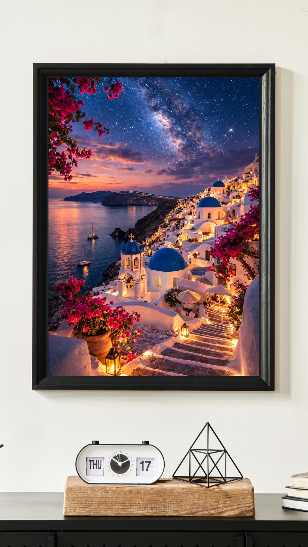 Affiche Imprimée Santorin Oia Grèce, Village Méditerranéen en Bord de Mer, Poster Voyage Côte Égéenne, Décoration Murale Maison Bohème