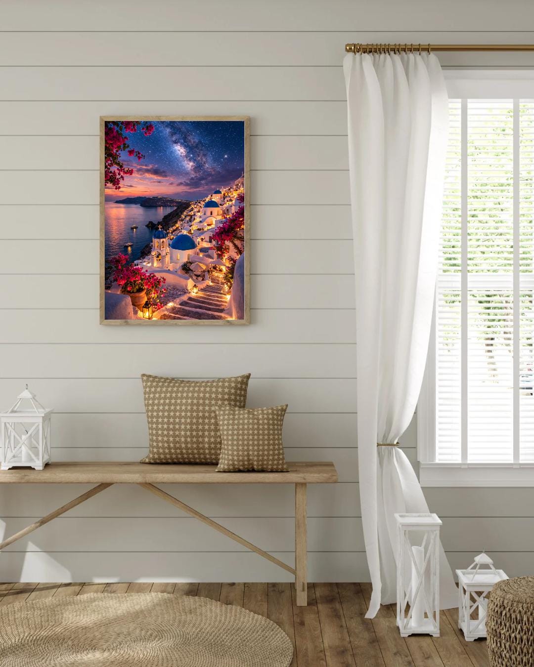Affiche Imprimée Santorin Oia Grèce, Village Méditerranéen en Bord de Mer, Poster Voyage Côte Égéenne, Décoration Murale Maison Bohème