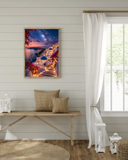 Affiche Imprimée Santorin Oia Grèce, Village Méditerranéen en Bord de Mer, Poster Voyage Côte Égéenne, Décoration Murale Maison Bohème