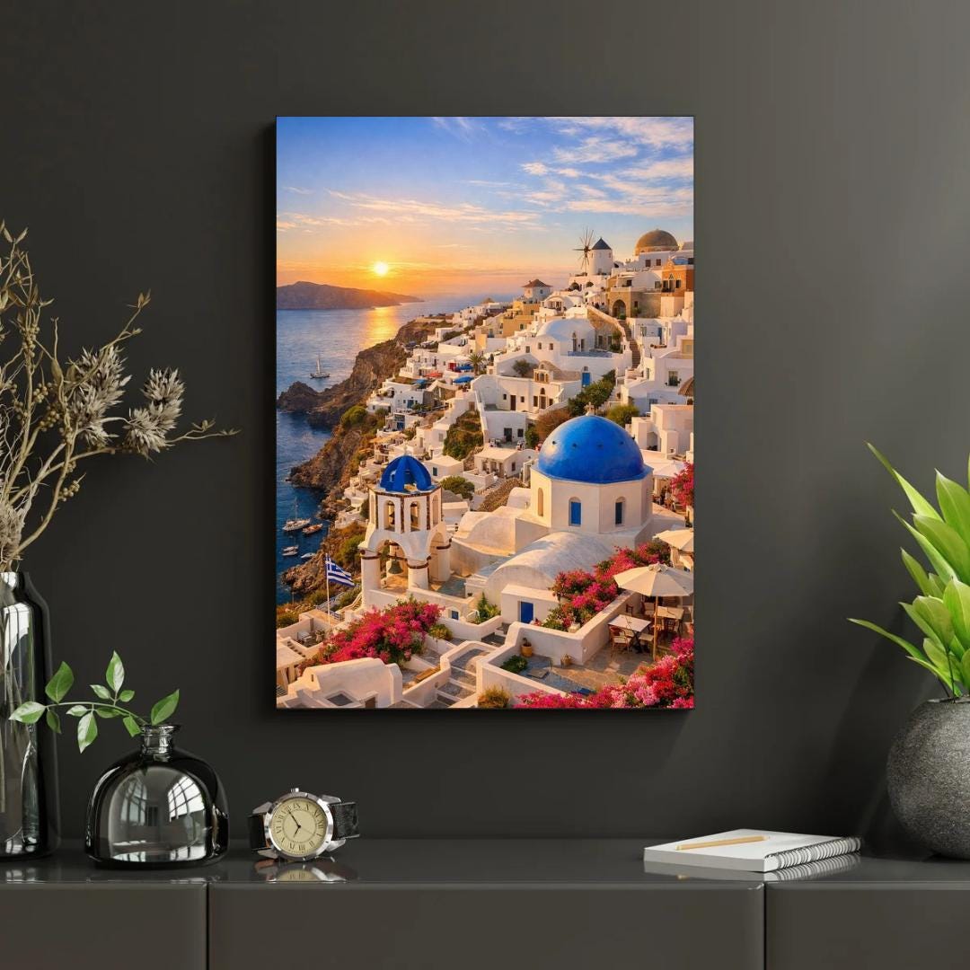 Affiche Imprimée Santorin Oia Grèce, Village Méditerranéen en Bord de Mer, Poster Voyage Côte Égéenne, Décoration Murale Maison Bohème