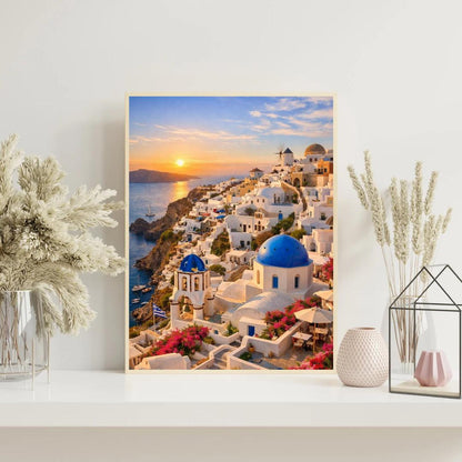 Affiche Imprimée Santorin Oia Grèce, Village Méditerranéen en Bord de Mer, Poster Voyage Côte Égéenne, Décoration Murale Maison Bohème