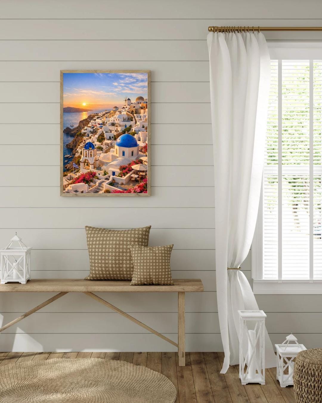 Affiche Imprimée Santorin Oia Grèce, Village Méditerranéen en Bord de Mer, Poster Voyage Côte Égéenne, Décoration Murale Maison Bohème