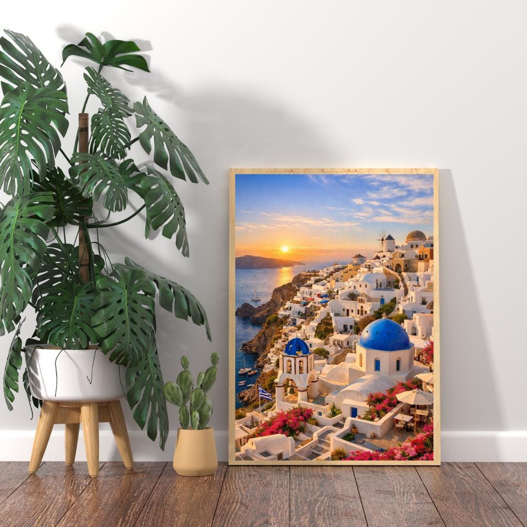 Affiche Imprimée Santorin Oia Grèce, Village Méditerranéen en Bord de Mer, Poster Voyage Côte Égéenne, Décoration Murale Maison Bohème