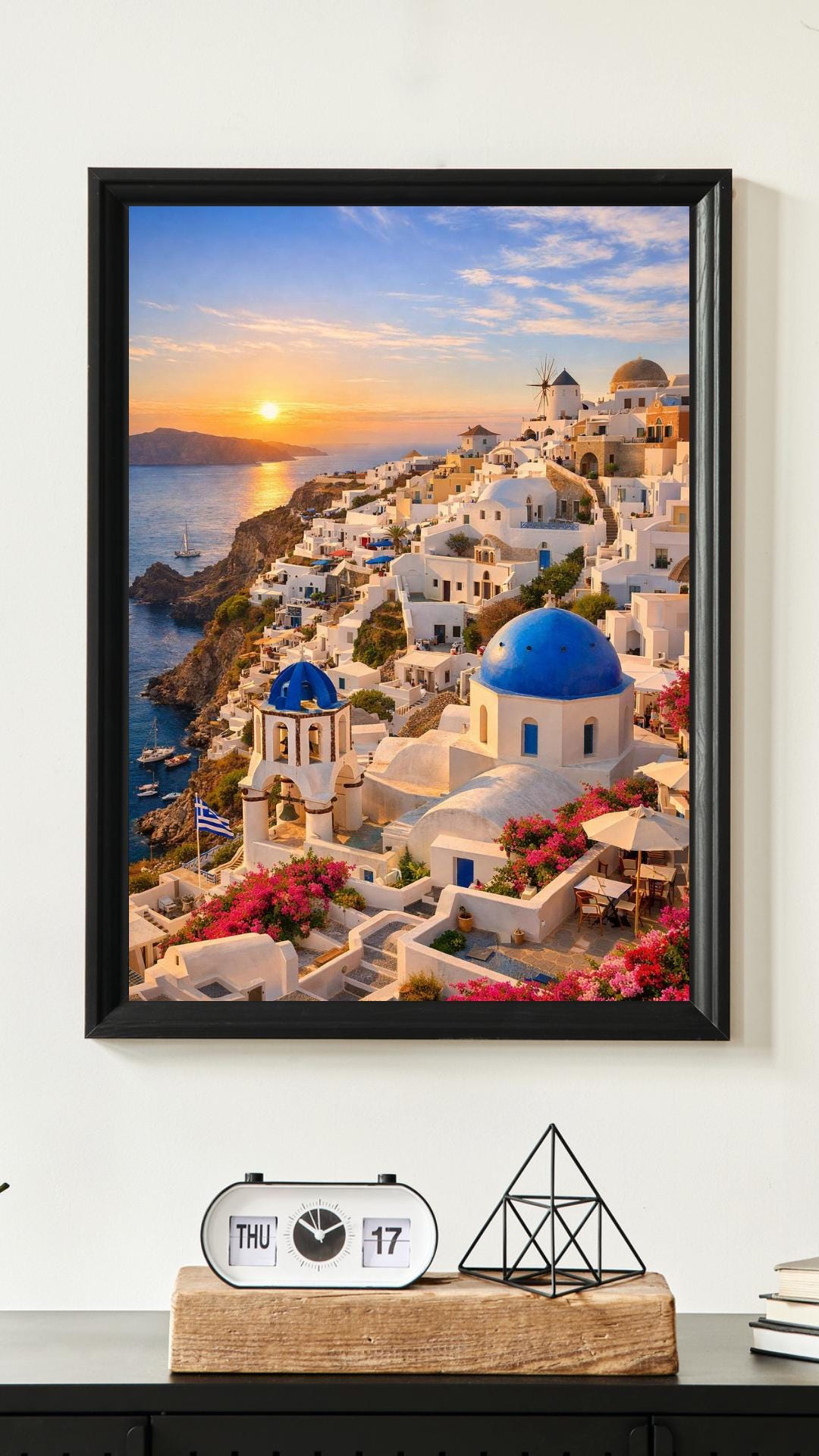 Affiche Imprimée Santorin Oia Grèce, Village Méditerranéen en Bord de Mer, Poster Voyage Côte Égéenne, Décoration Murale Maison Bohème