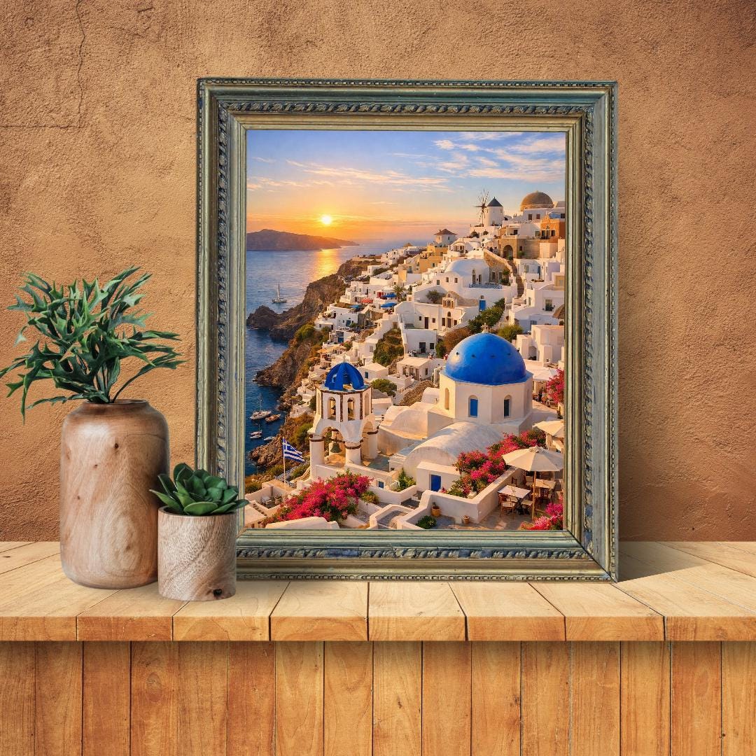 Affiche Imprimée Santorin Oia Grèce, Village Méditerranéen en Bord de Mer, Poster Voyage Côte Égéenne, Décoration Murale Maison Bohème