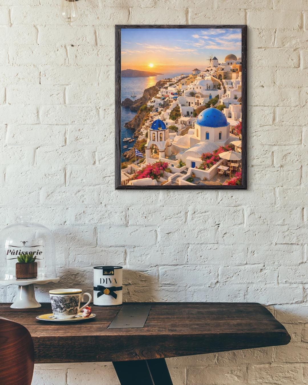 Affiche Imprimée Santorin Oia Grèce, Village Méditerranéen en Bord de Mer, Poster Voyage Côte Égéenne, Décoration Murale Maison Bohème