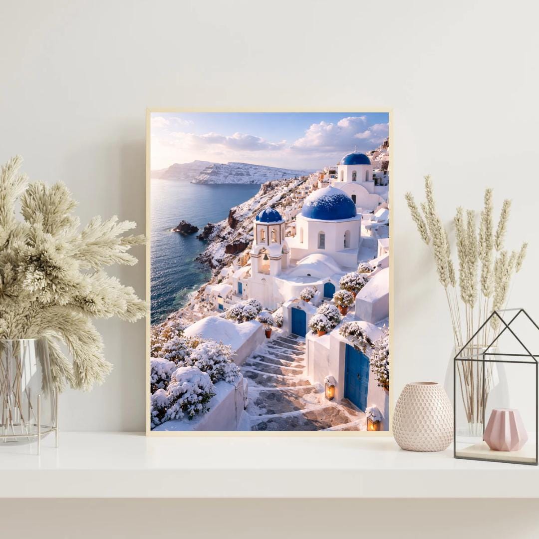 Affiche Imprimée Santorin Oia Grèce, Village Méditerranéen en Bord de Mer, Poster Voyage Côte Égéenne, Décoration Murale Maison Bohème