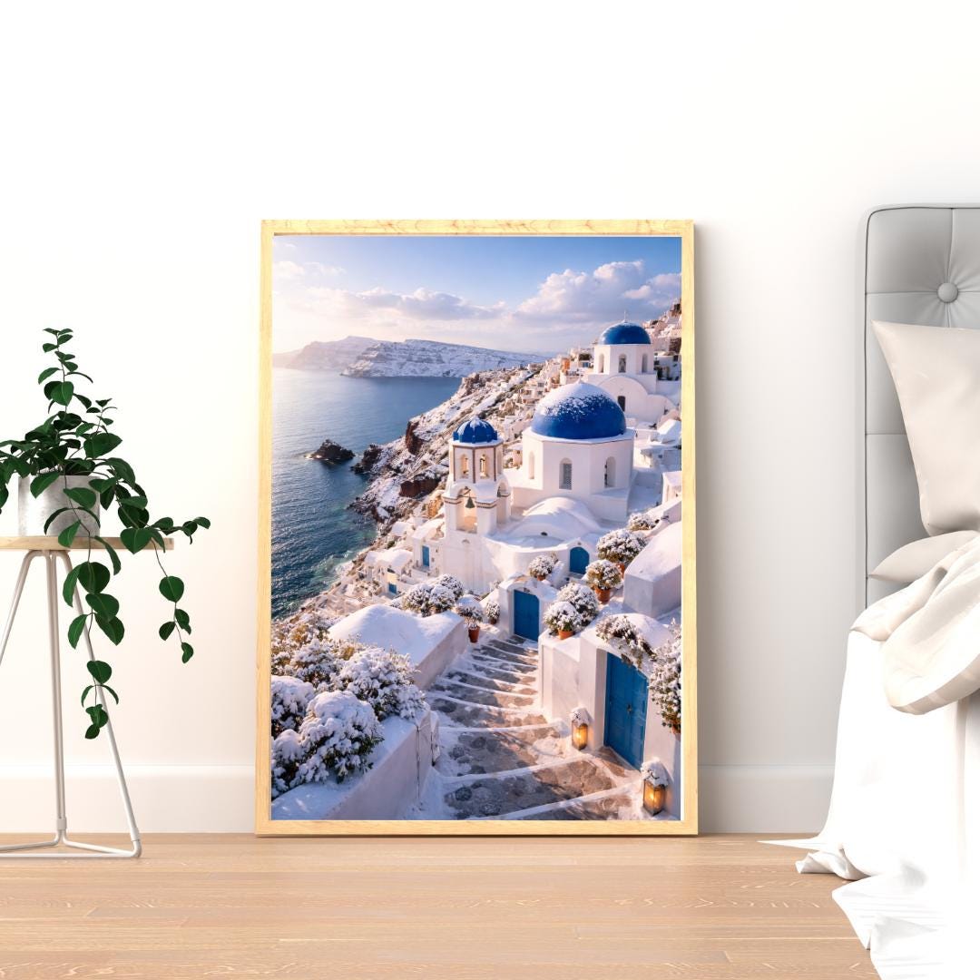Affiche Imprimée Santorin Oia Grèce, Village Méditerranéen en Bord de Mer, Poster Voyage Côte Égéenne, Décoration Murale Maison Bohème