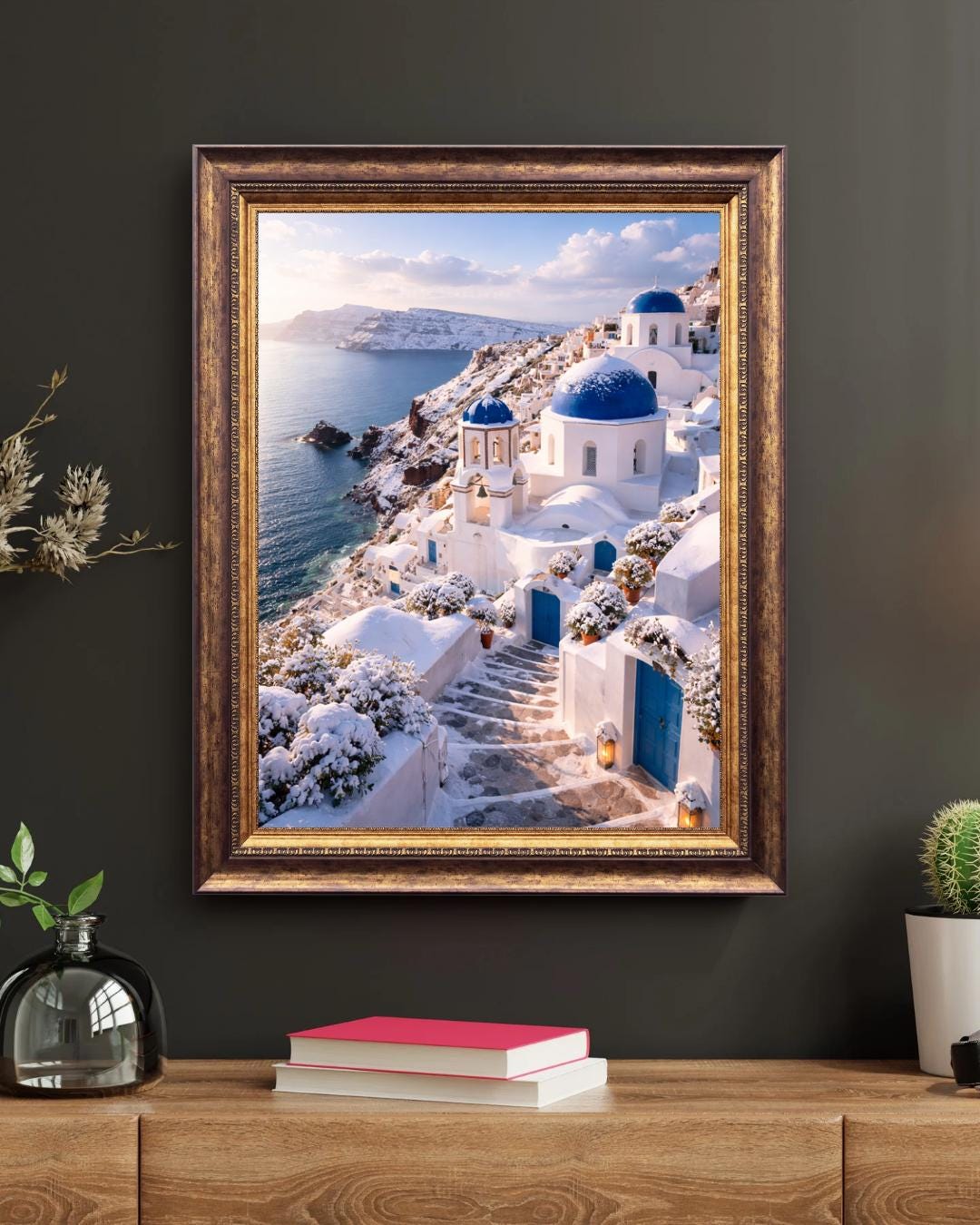 Affiche Imprimée Santorin Oia Grèce, Village Méditerranéen en Bord de Mer, Poster Voyage Côte Égéenne, Décoration Murale Maison Bohème