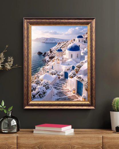 Affiche Imprimée Santorin Oia Grèce, Village Méditerranéen en Bord de Mer, Poster Voyage Côte Égéenne, Décoration Murale Maison Bohème