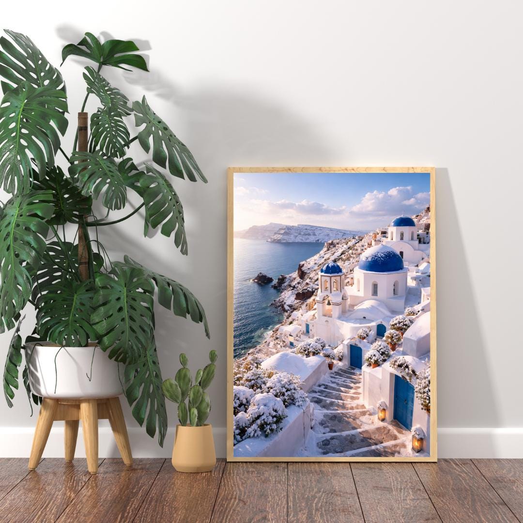 Affiche Imprimée Santorin Oia Grèce, Village Méditerranéen en Bord de Mer, Poster Voyage Côte Égéenne, Décoration Murale Maison Bohème