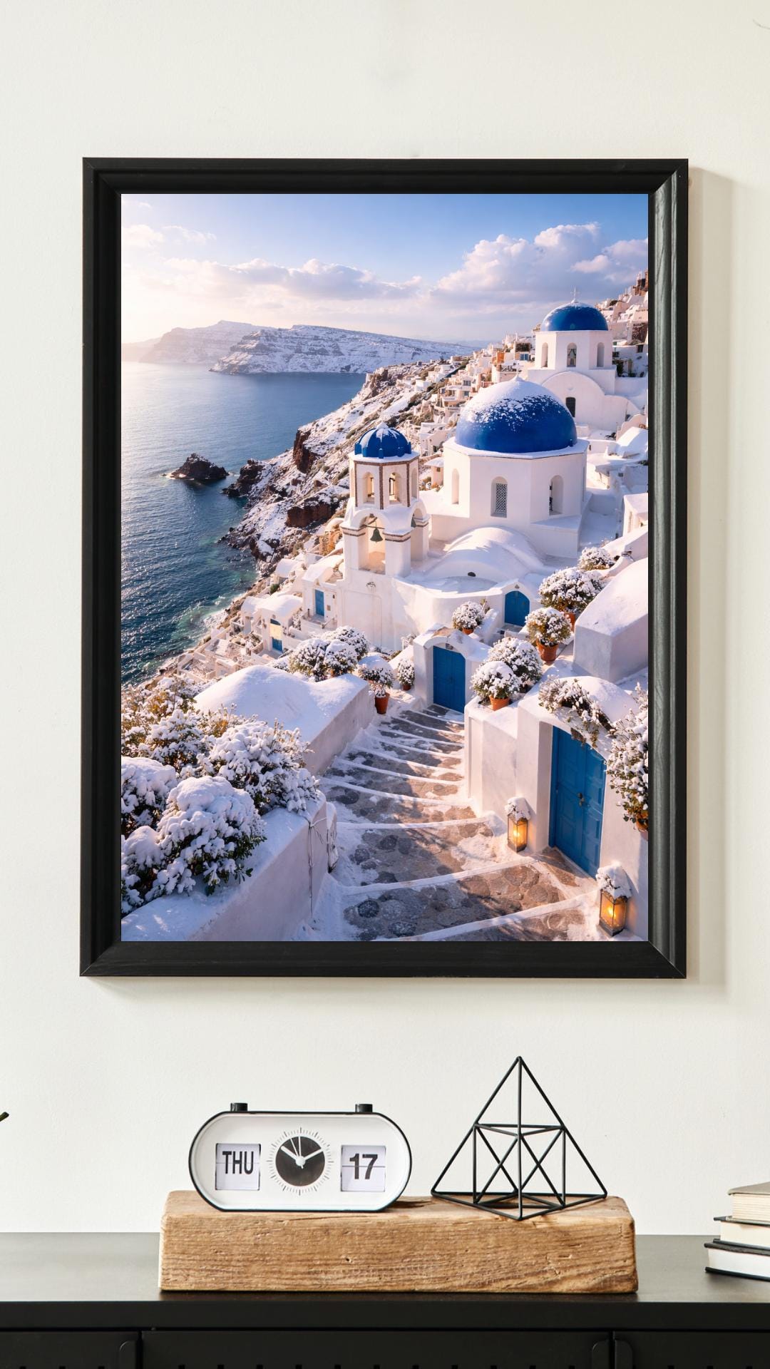 Affiche Imprimée Santorin Oia Grèce, Village Méditerranéen en Bord de Mer, Poster Voyage Côte Égéenne, Décoration Murale Maison Bohème
