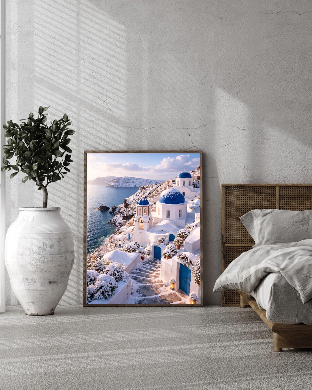 Affiche Imprimée Santorin Oia Grèce, Village Méditerranéen en Bord de Mer, Poster Voyage Côte Égéenne, Décoration Murale Maison Bohème