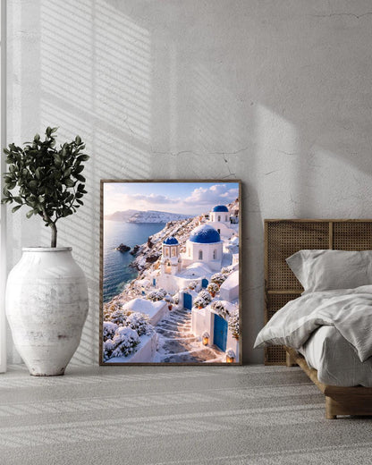 Affiche Imprimée Santorin Oia Grèce, Village Méditerranéen en Bord de Mer, Poster Voyage Côte Égéenne, Décoration Murale Maison Bohème