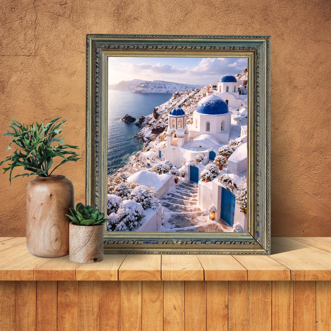 Affiche Imprimée Santorin Oia Grèce, Village Méditerranéen en Bord de Mer, Poster Voyage Côte Égéenne, Décoration Murale Maison Bohème