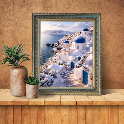 Affiche Imprimée Santorin Oia Grèce, Village Méditerranéen en Bord de Mer, Poster Voyage Côte Égéenne, Décoration Murale Maison Bohème