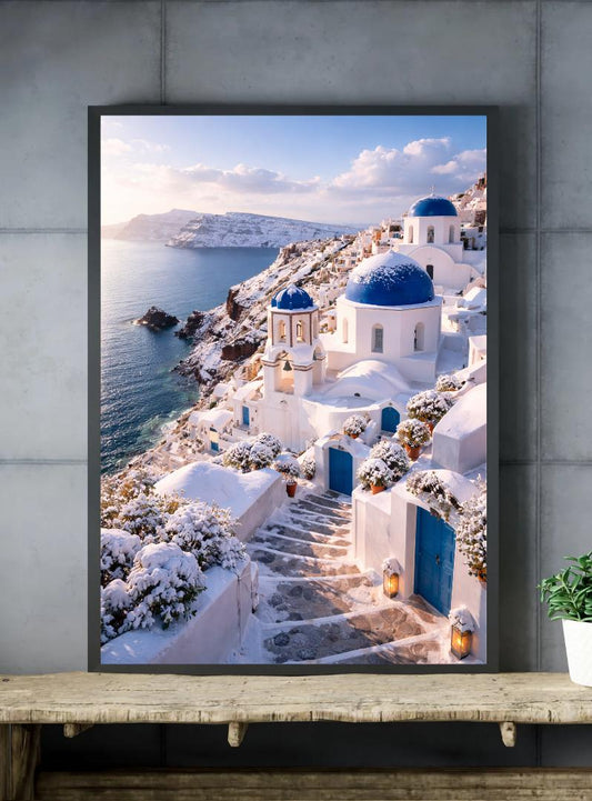 Affiche Imprimée Santorin Oia Grèce, Village Méditerranéen en Bord de Mer, Poster Voyage Côte Égéenne, Décoration Murale Maison Bohème