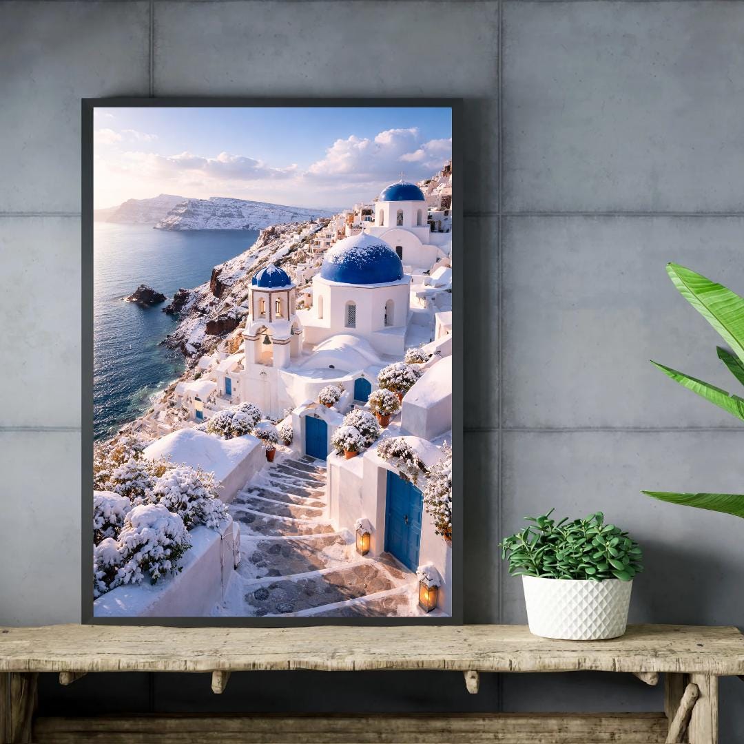 Affiche Imprimée Santorin Oia Grèce, Village Méditerranéen en Bord de Mer, Poster Voyage Côte Égéenne, Décoration Murale Maison Bohème
