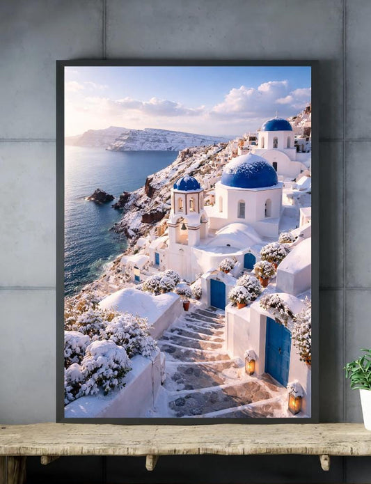 Affiche Imprimée Santorin Oia Grèce, Village Méditerranéen en Bord de Mer, Poster Voyage Côte Égéenne, Décoration Murale Maison Bohème